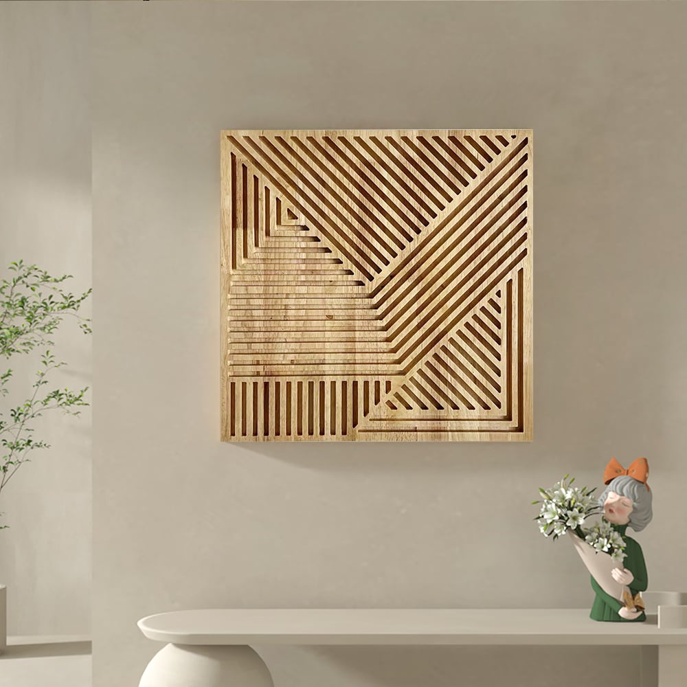 Questions et Réponses pour Décoration murale géométrique en bois Japandi 560 mm pour salon