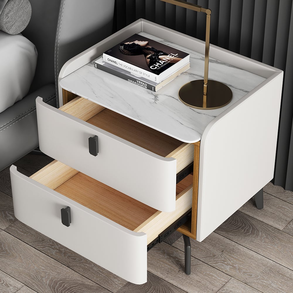 Customer Reviews for Faux Leather Nightstand with 2 Drawers White Bedside Table with Stone Top Set of 2