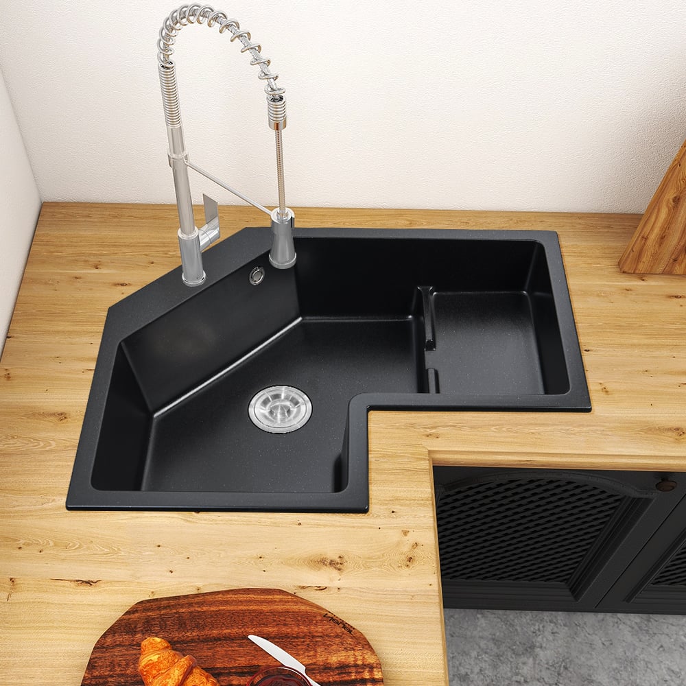 Questions and Answers for 32" Modern Black Drop In Corner Kitchen Sink Single Bowl Quartz Irregular Right Sink