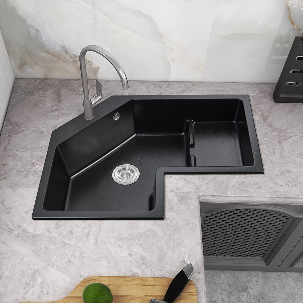 Questions and Answers for 32" Modern Black Drop In Corner Kitchen Sink Single Bowl Quartz Irregular Right Sink