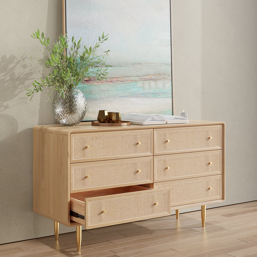 Avis Clients sur Commode de chambre naturelle moderne du milieu du siècle Tural avec 6 tiroirs en rotin tissé en or