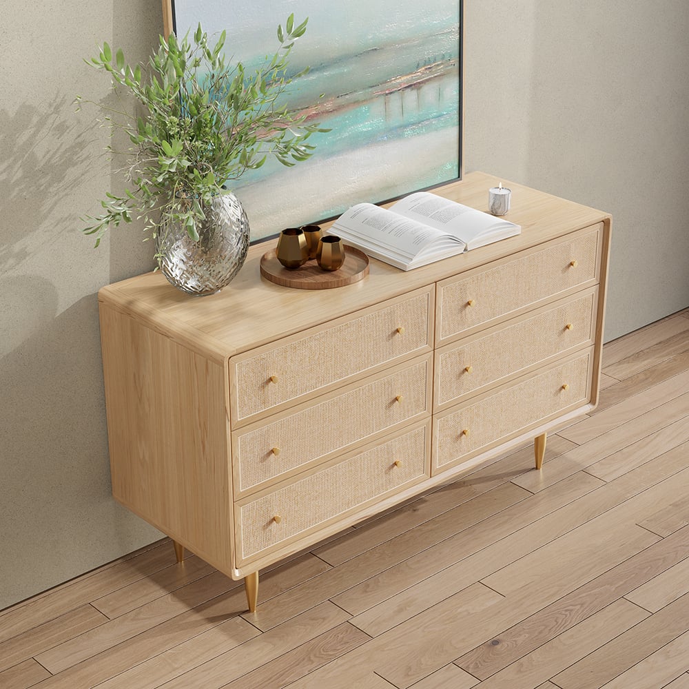 Avis Clients sur Commode de chambre naturelle moderne du milieu du siècle Tural avec 6 tiroirs en rotin tissé en or