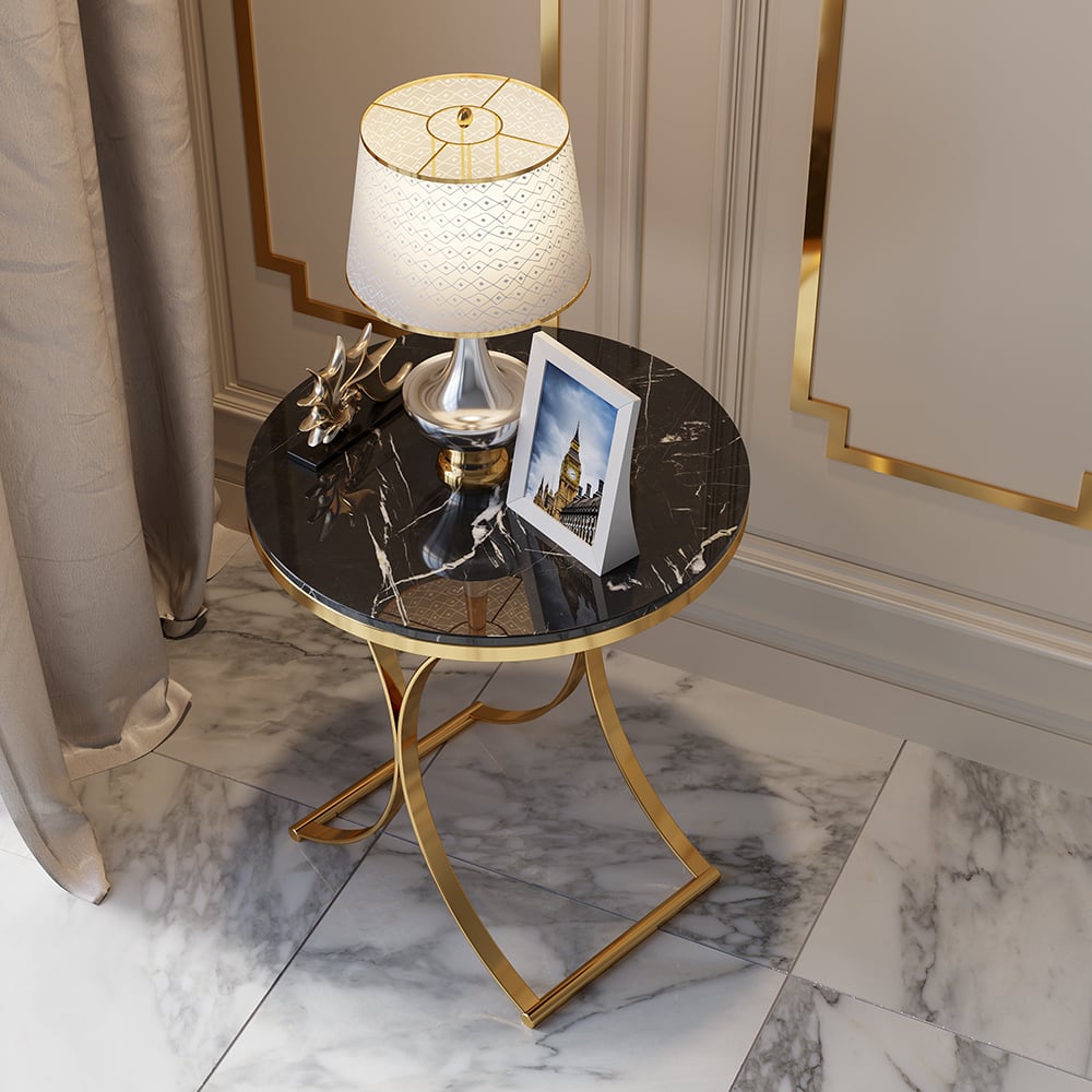 Questions and Answers for Modern Luxurious Round Black Marble Stone Side Table X-Base End Table in Gold
