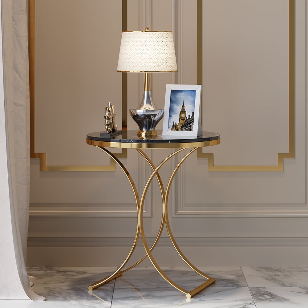 Questions and Answers for Modern Luxurious Round Black Marble Stone Side Table X-Base End Table in Gold