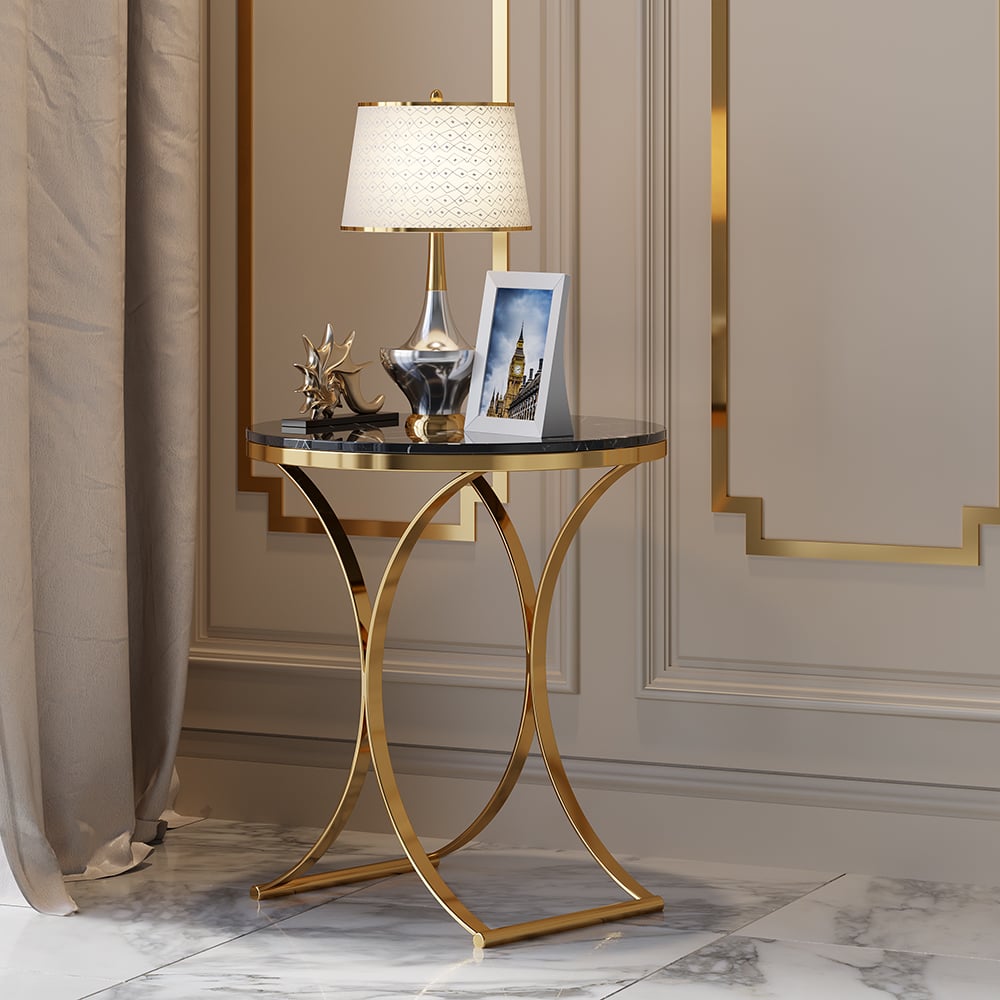 Questions and Answers for Modern Luxurious Round Black Marble Stone Side Table X-Base End Table in Gold