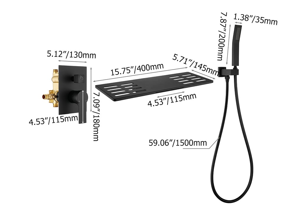 Modern Waterfall Wall Mounted Single Handle Bathtub Faucet With Handshower in Black weights dimensions image