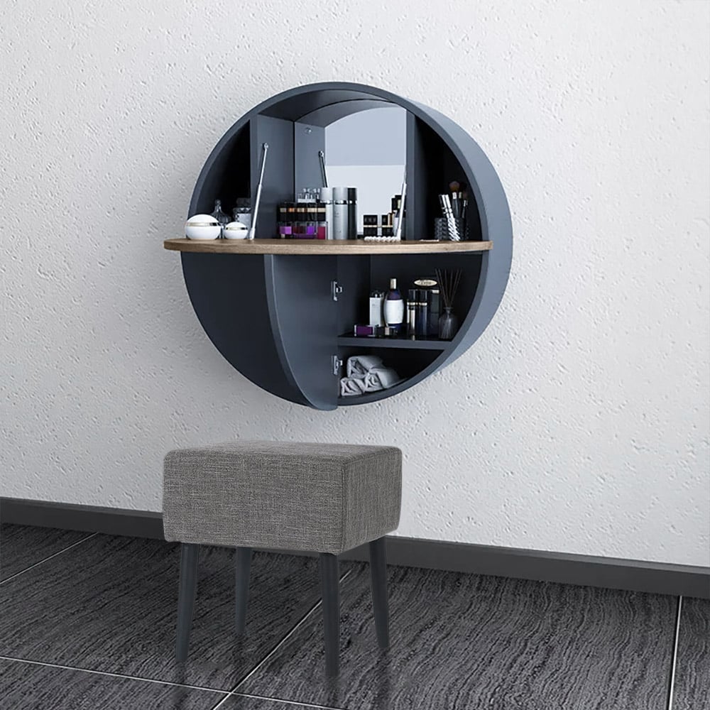 Avis Clients sur Ensemble de coiffeuse de maquillage à montage mural rond gris moderne avec miroir et tabouret inclus
