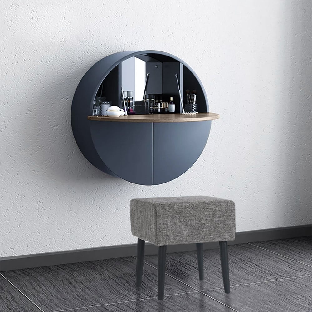 Avis Clients sur Ensemble de coiffeuse de maquillage à montage mural rond gris moderne avec miroir et tabouret inclus
