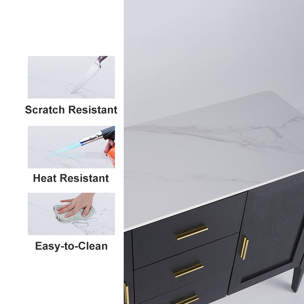 Domande e risposte per Moderna credenza nera a buffet in pietra sinterizzata con cassetti e ante, mobile da cucina dorato