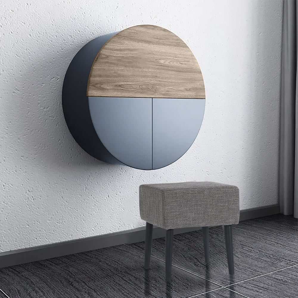 Avis Clients sur Ensemble de coiffeuse de maquillage à montage mural rond gris moderne avec miroir et tabouret inclus