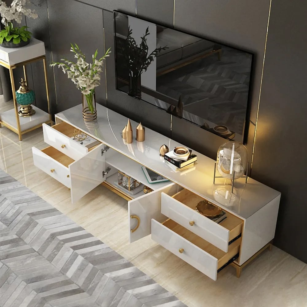 Questions and Answers for Tile Modern White TV Stand with Drawers & Doors Gold Media Console for TVs