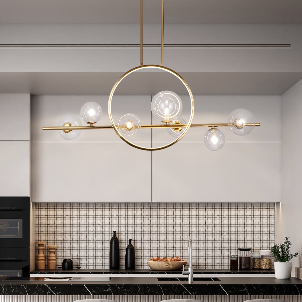 Questions and Answers for Bubi Modern Linear Gold Kitchen Island Light 7-Light Glass Globe Shade