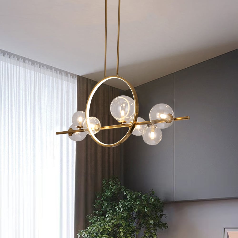 Questions and Answers for Bubi Modern Linear Gold Kitchen Island Light 7-Light Glass Globe Shade