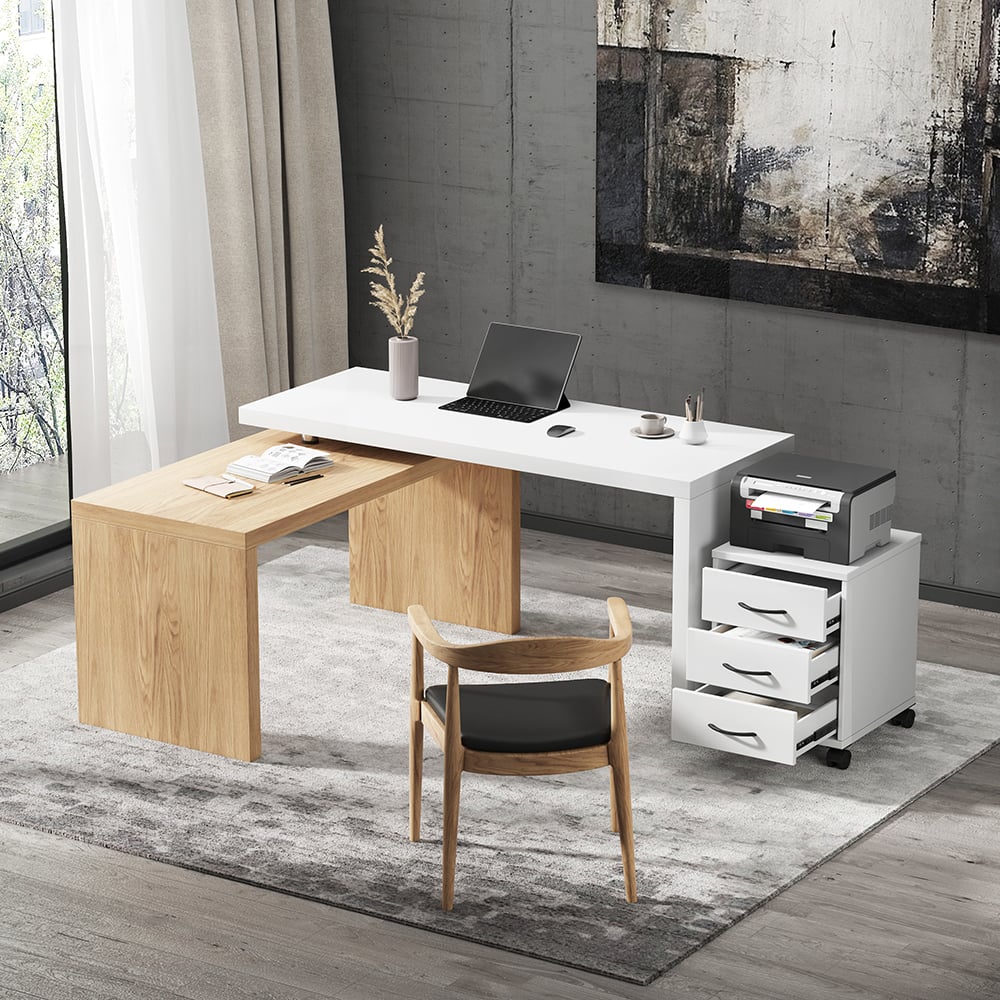 Questions et Réponses pour Ensemble de bureau pivotant moderne et de chaises de bureau à domicile blanc cassé, classeur mobile en forme de L
