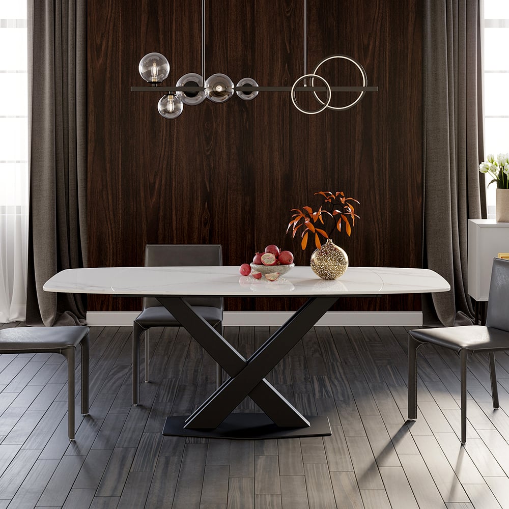 Recensioni dei clienti per Tavolo da pranzo moderno allungabile in pietra sinterizzata bianca, 1800 mm, con base a X a forma di foglia per 4-6 persone