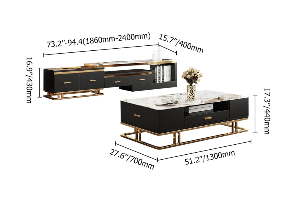 Stonesk Modern TV Stand & Coffee Table Set for 100" TV in Black with Drawers weights dimensions image