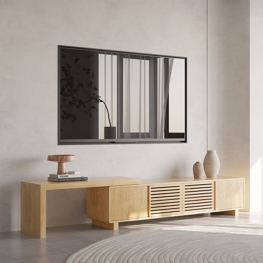 Questions et Réponses pour Meuble TV naturel extensible inspiré du gril avec rangement (1600 mm à 2100 mm)