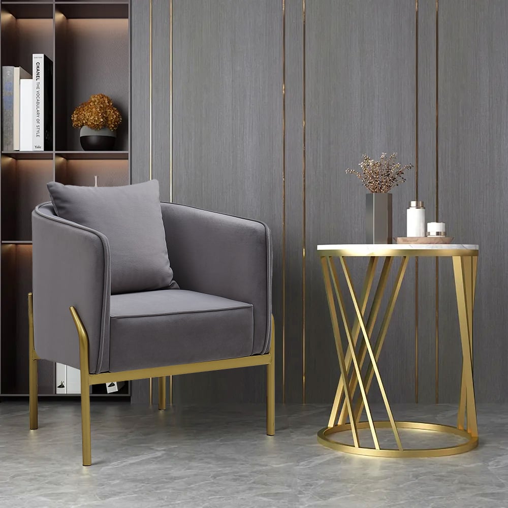 Perguntas e respostas para Cadeira Grey Velvet Accent Poltrona moderna estofada com pernas douradas, travesseiro incluído