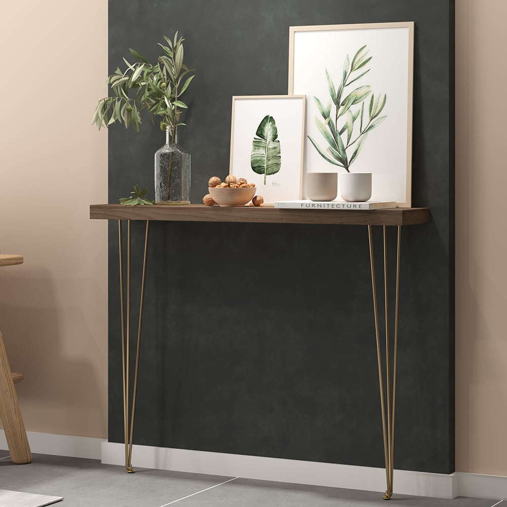 Questions and Answers for Narrow rectangular console table in walnut with wooden surface and metal legs