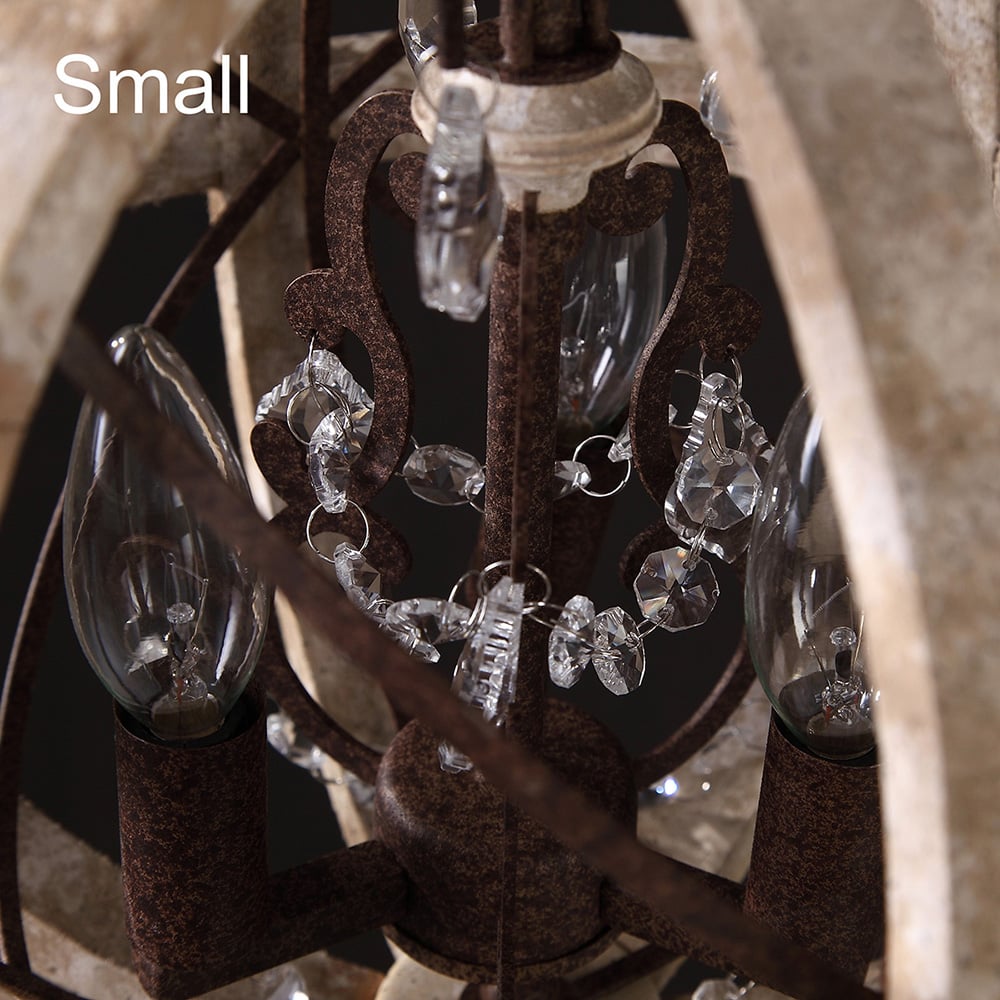 Vragen en antwoorden voor Retro rustieke verweerde houten bol metalen bol kristal 3-licht kroonluchter klein