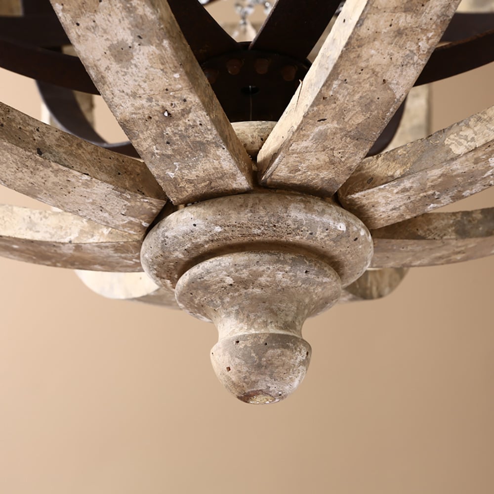 Vragen en antwoorden voor Retro rustieke verweerde houten bol metalen bol kristal 3-licht kroonluchter klein