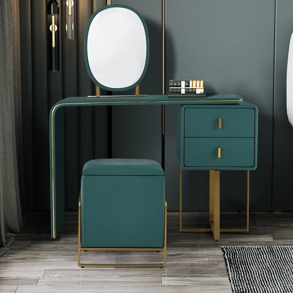 Questions and Answers for Green Makeup Vanity Set Expandable Dressing Table with Mirror&Side Cabinet&Stool