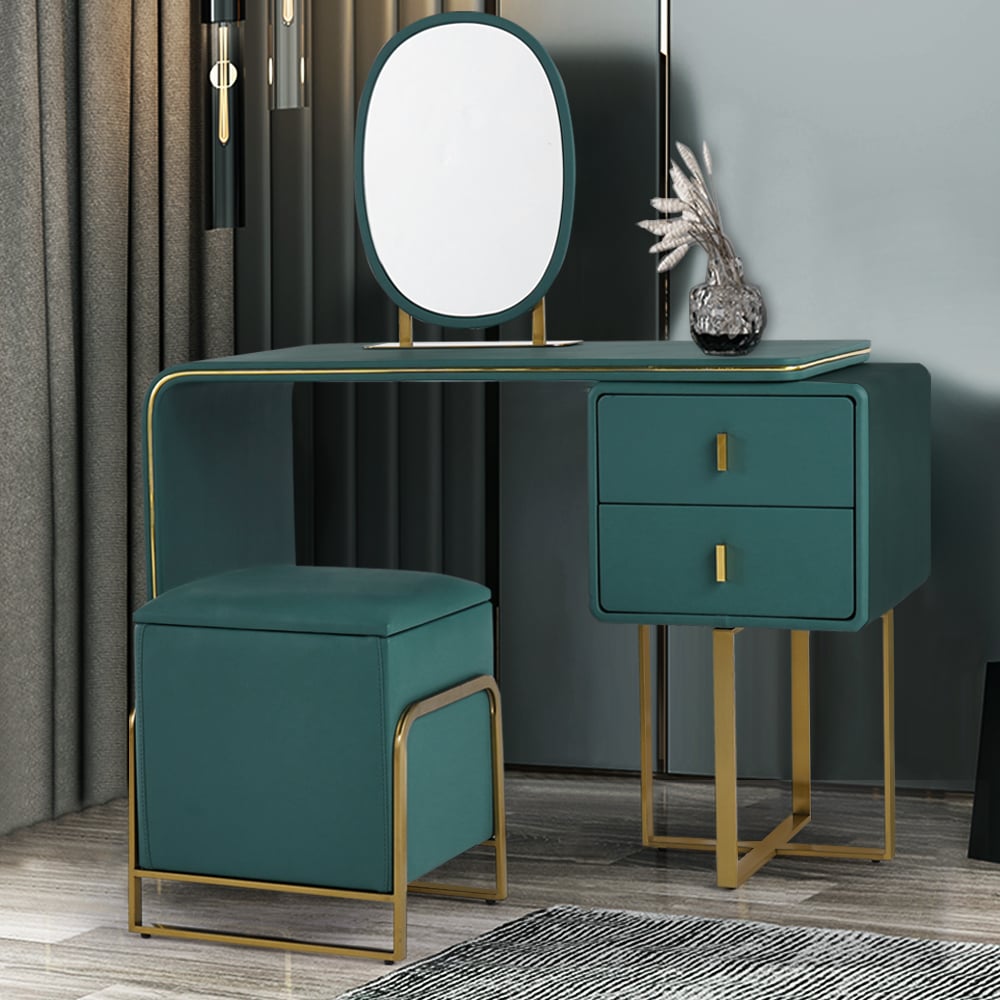 Questions and Answers for Green Makeup Vanity Set Expandable Dressing Table with Mirror&Side Cabinet&Stool