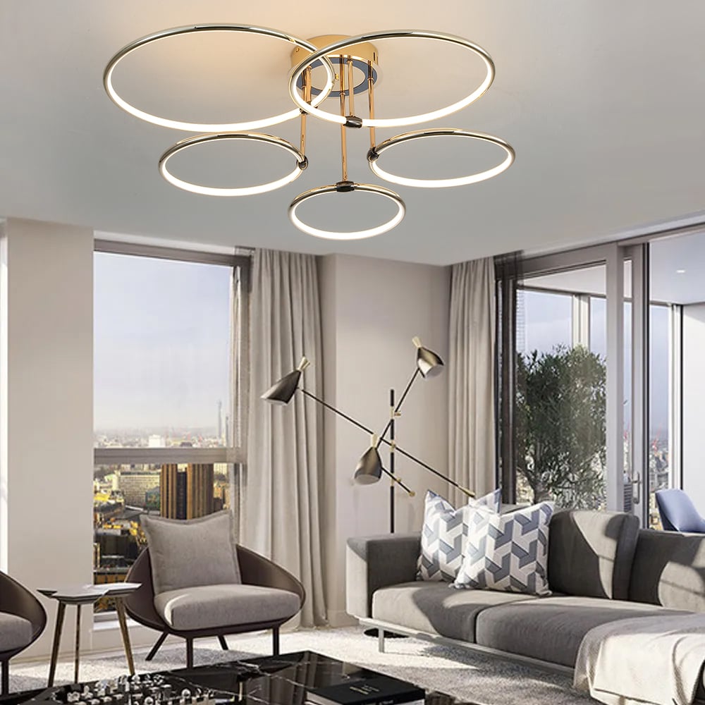 Questions and Answers for 5-Lgiht Circle Semi Flush Mount Light Metal Led Chandelier in Gold