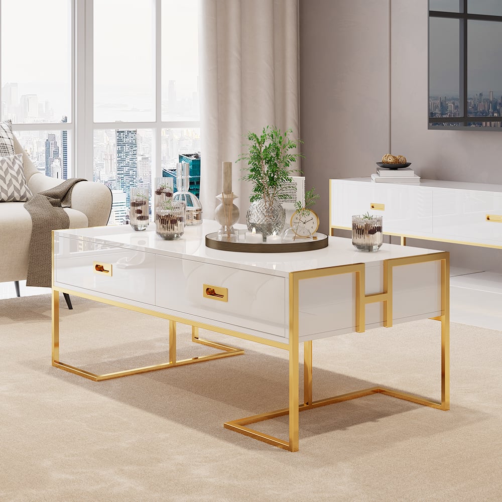 Customer Reviews for Jocise Modern White Rectangular Coffee Table with Drawers Lacquer Gold Base