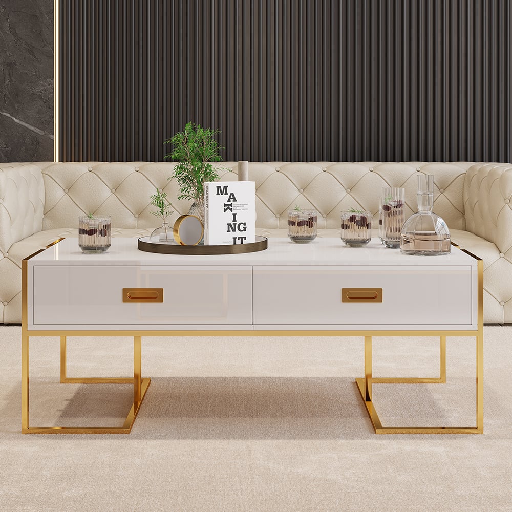 Customer Reviews for Jocise Modern White Rectangular Coffee Table with Drawers Lacquer Gold Base