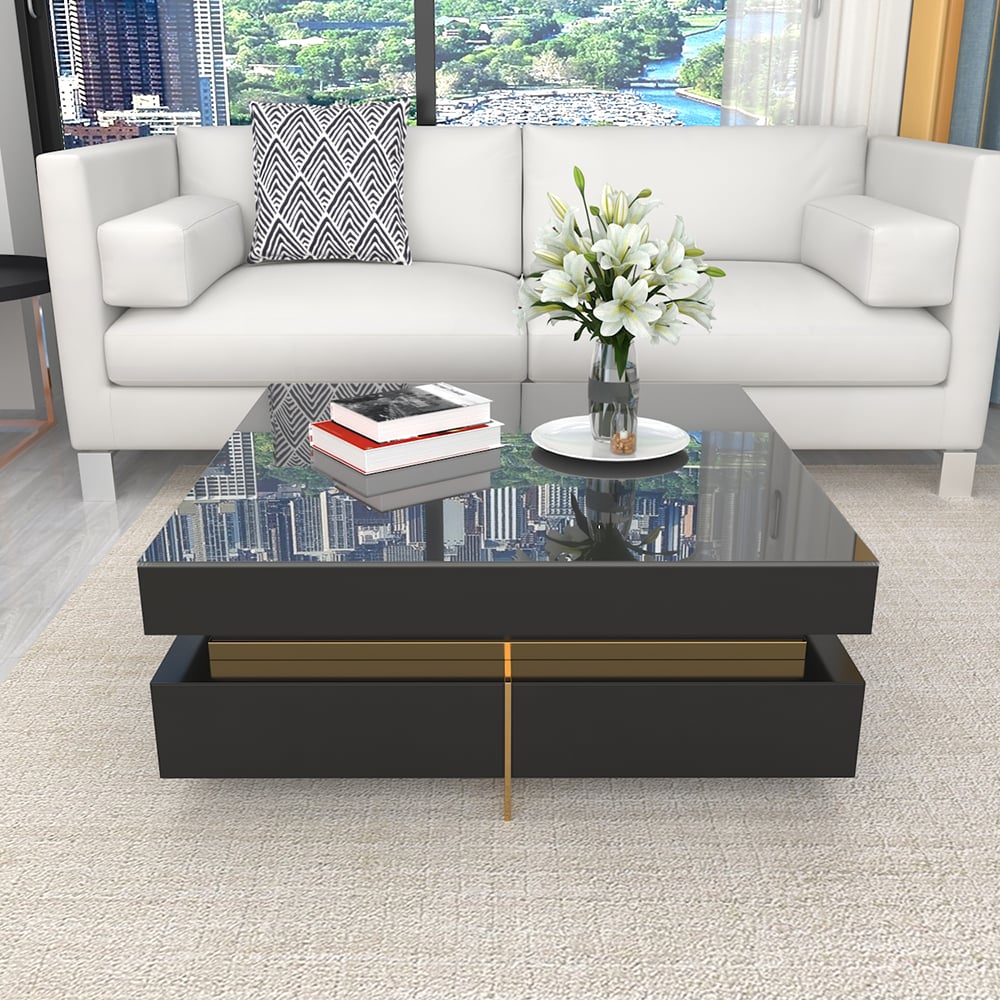 Customer Reviews for Black Modern Square Coffee Table with Drawers Tempered Glass Top & Metal Legs