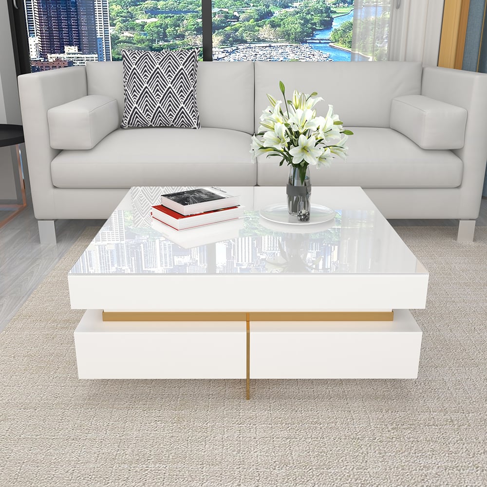 Questions and Answers for White Modern Square Coffee Table with Drawers Tempered Glass Top & Metal Legs