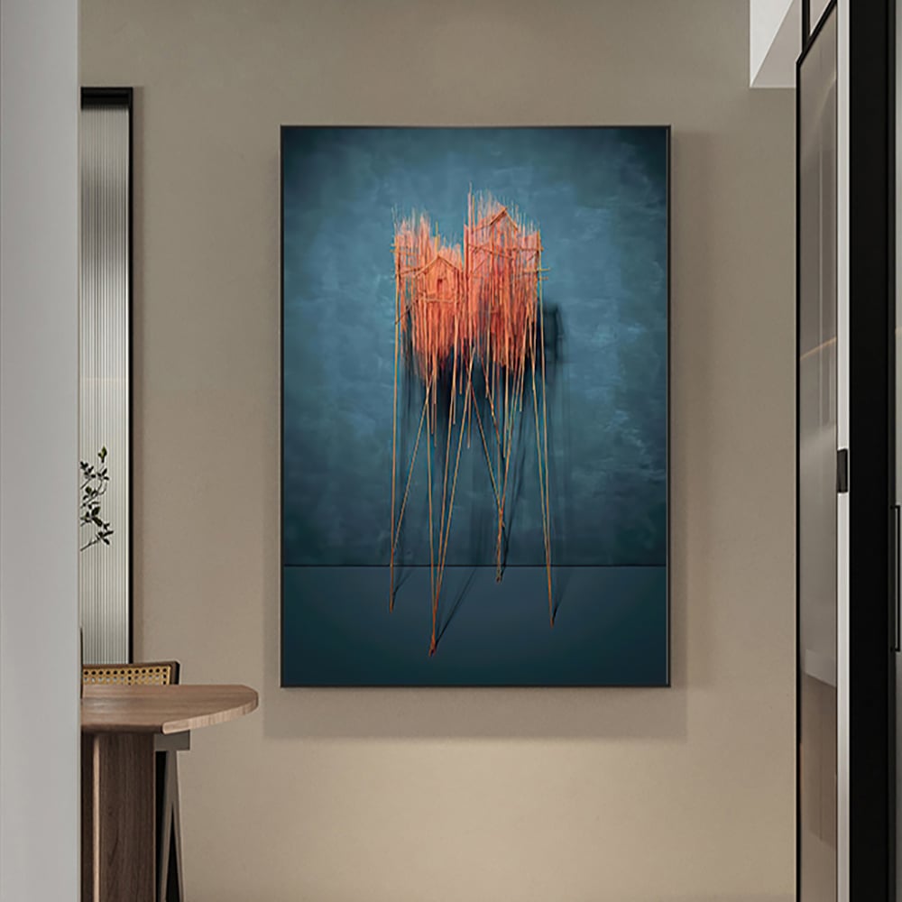 Otázky a odpovědi pro Nástěnná výzdoba statku pro obývací pokoj 3D přírodní závěsné malířské umění s rámem v modré barvě