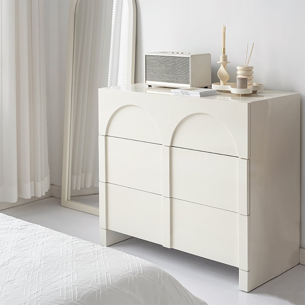 Questions and Answers for Japandi Cream White Dresser Nordic Arch Chest of 3 Drawers Storage Cabinet