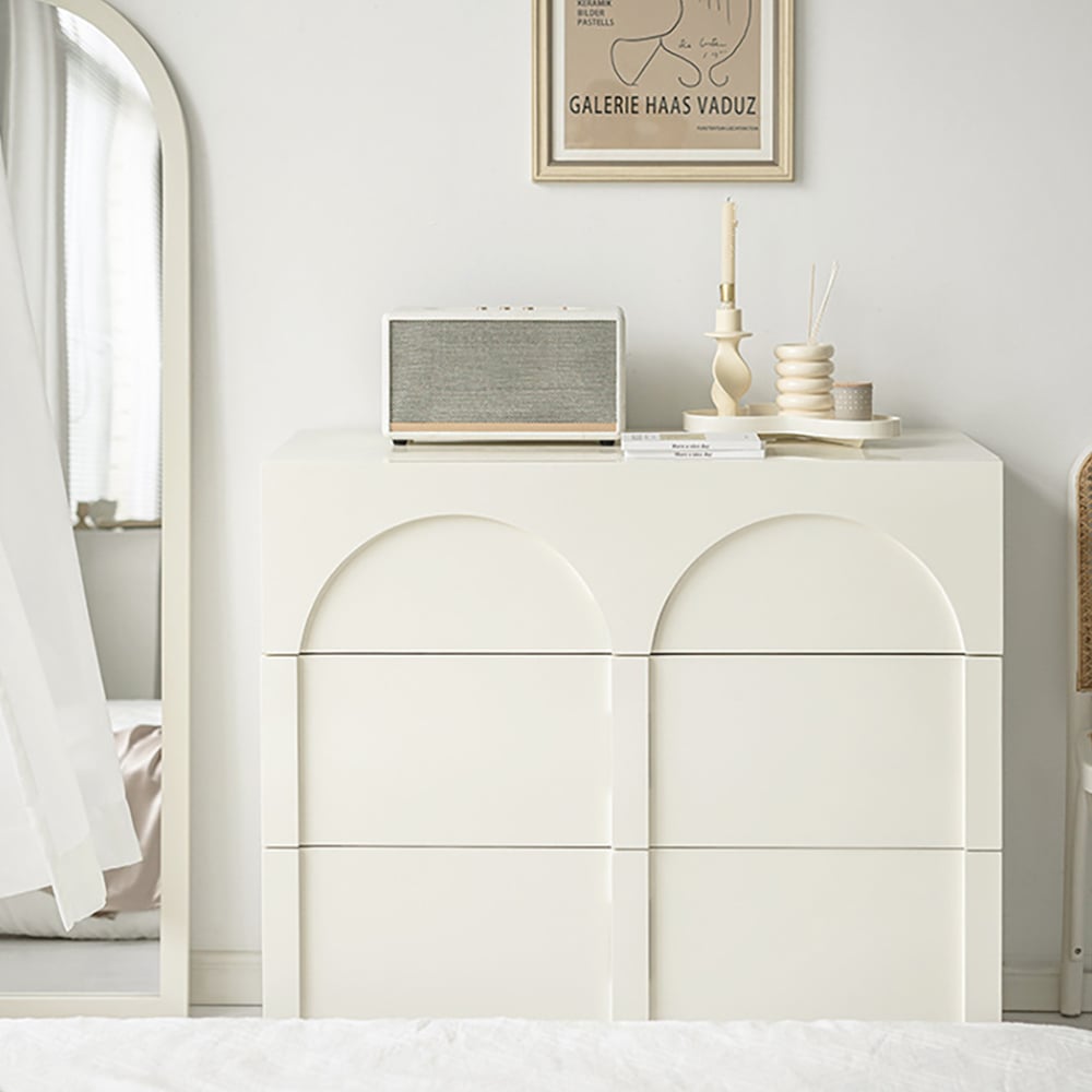Questions and Answers for Japandi Cream White Dresser Nordic Arch Chest of 3 Drawers Storage Cabinet
