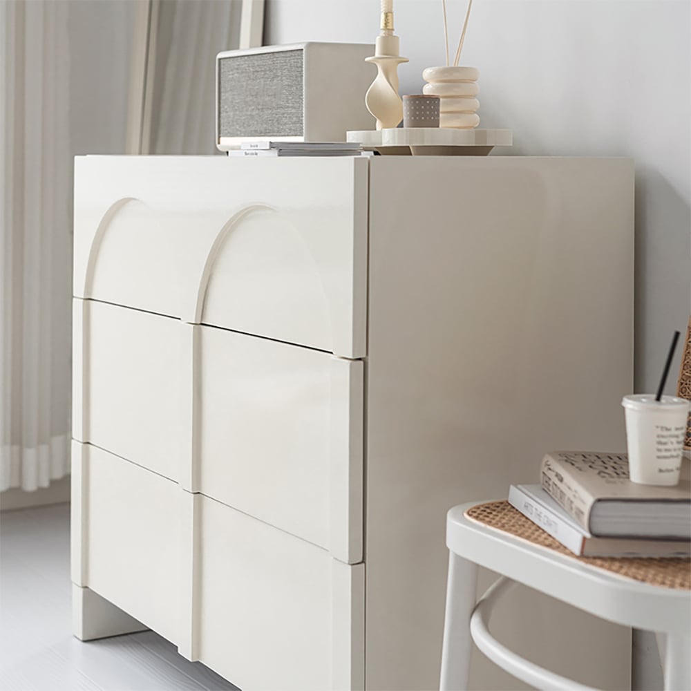 Questions and Answers for Japandi Cream White Dresser Nordic Arch Chest of 3 Drawers Storage Cabinet