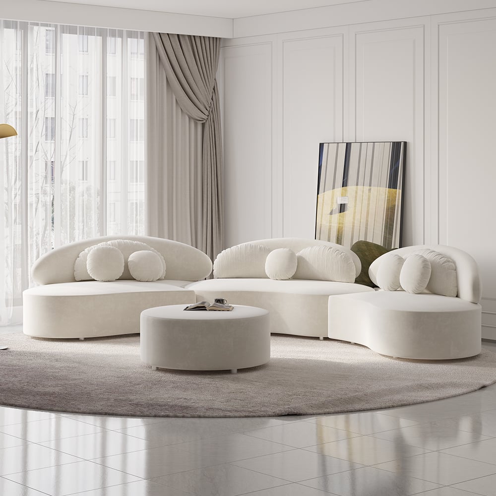 3700mm 4-Piece Curved Velvet Sectional Sofa with Ottoman & Pillows