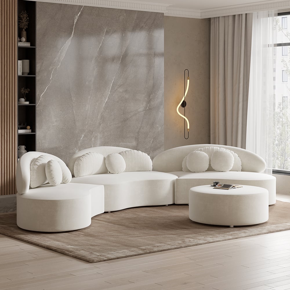 3700mm 4-Piece Curved Velvet Sectional Sofa with Ottoman & Pillows