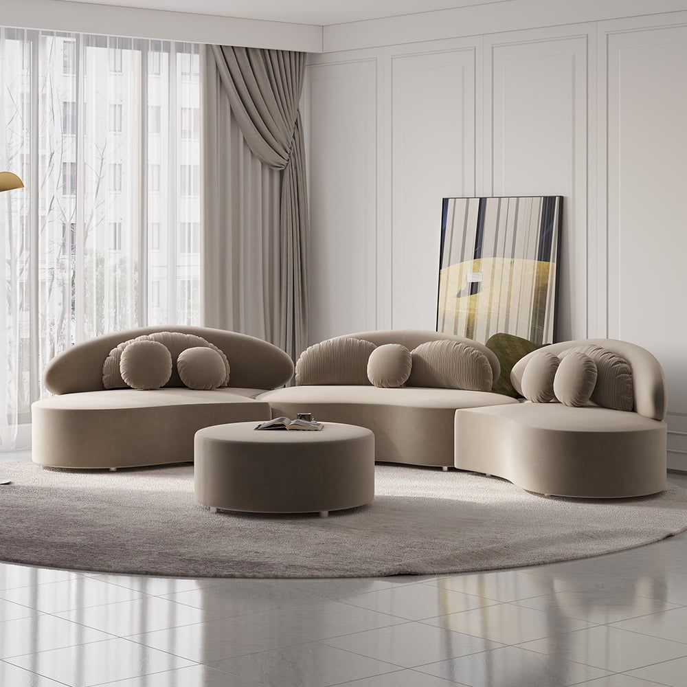 Questions and Answers for 3700 mm curved modular khaki velvet sofa in 4 pieces, with ottoman and cushions