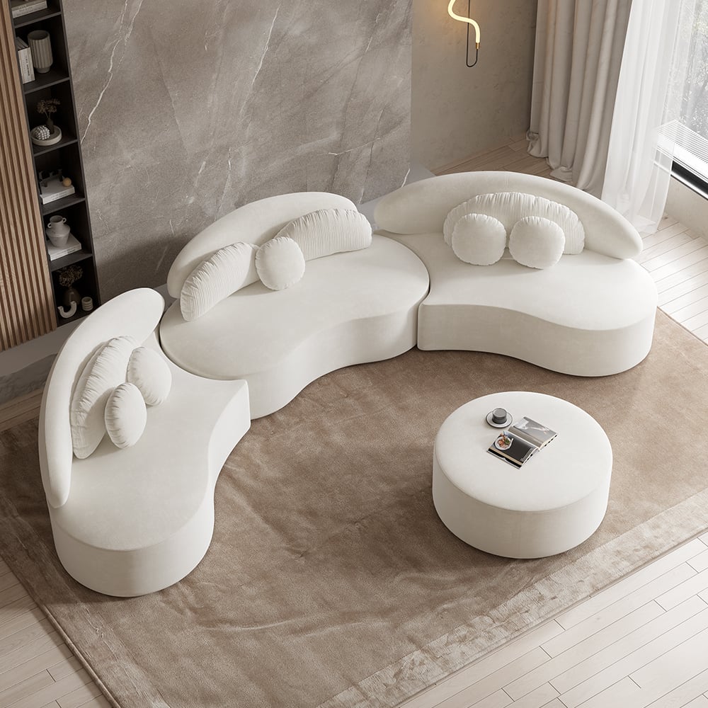 3700mm 4-Piece Curved Velvet Sectional Sofa with Ottoman & Pillows
