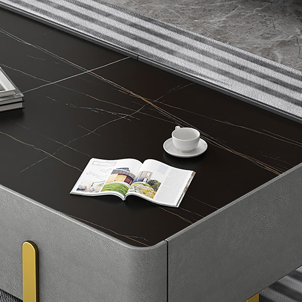 Preguntas y Respuestas para Mesa de centro de almacenamiento moderna Blackcast con parte superior de piedra sinterizada negra y acero inoxidable dorado