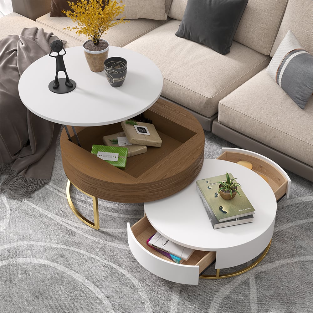 Customer Reviews for Nesnesis set of round coffee tables with 2 drawers, in white and walnut color