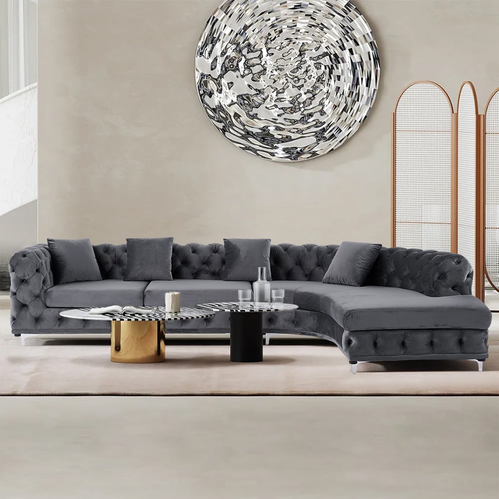 Questions and Answers for L-Shaped Curved Gray Sectional Sofa Upholstered Velvet Chesterfield Sofa