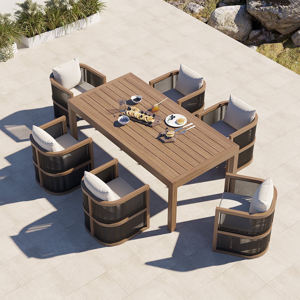 Questions and Answers for 7 Pieces Outdoor Dining Set For 6 with Rectangle Table & Rope Woven Armchair in Natural