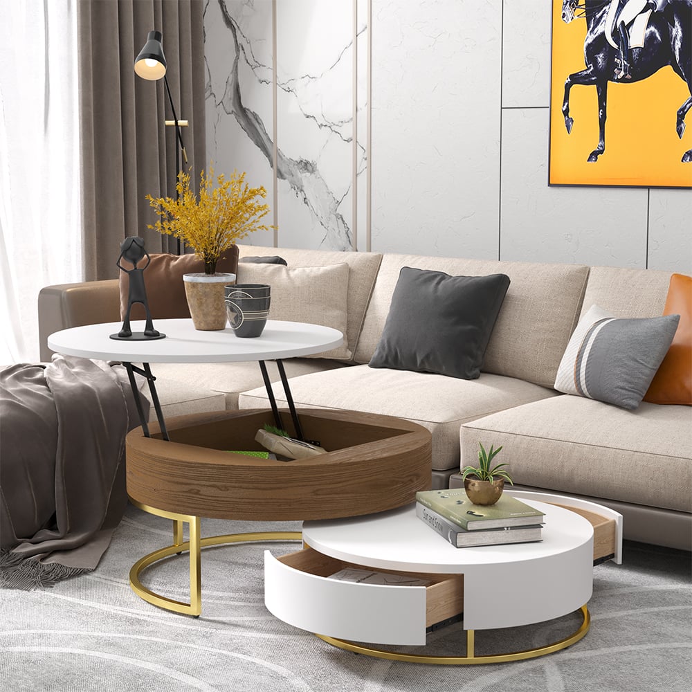 Customer Reviews for Nesnesis set of round coffee tables with 2 drawers, in white and walnut color