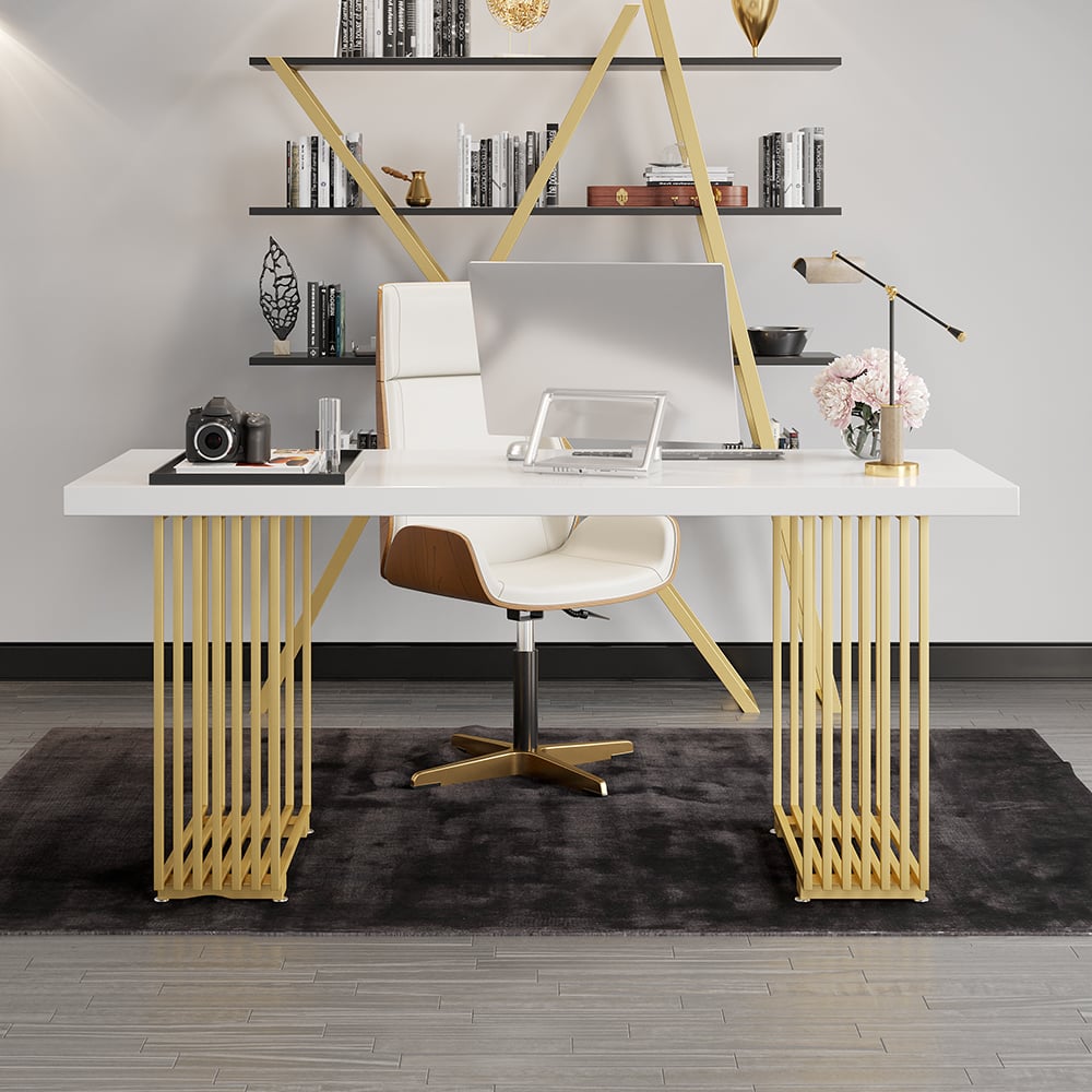 Customer Reviews for 63" Rectangular Modern Home Office Desk with Solid Wood Table Top & Gold Frame
