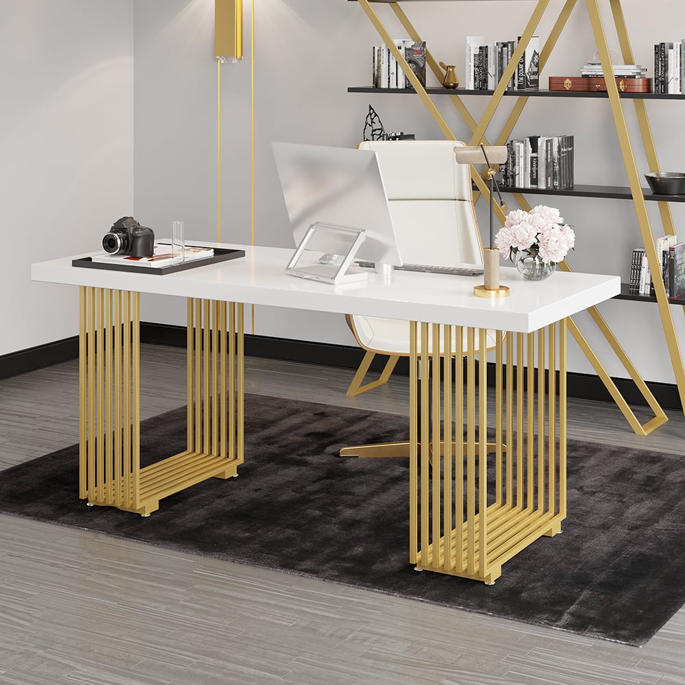 Customer Reviews for 63" Rectangular Modern Home Office Desk with Solid Wood Table Top & Gold Frame