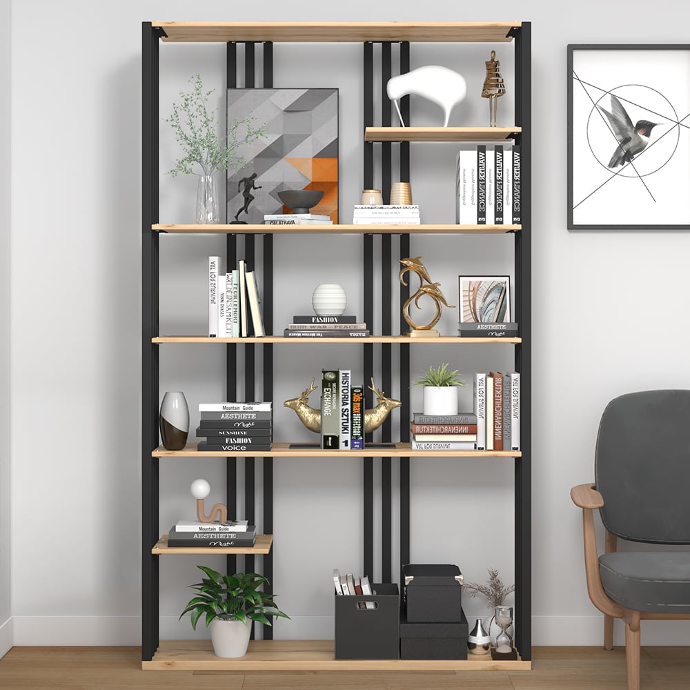 Pytania i odpowiedzi dla 78" Nowoczesny naturalny regał Etagere 6-poziomowy wyświetlacz półkowy w czarnym wykończeniu