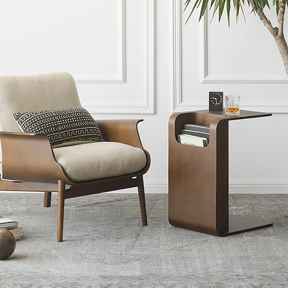 Avis Clients sur Table d'appoint convertible en bois de noyer en forme de C avec rangement