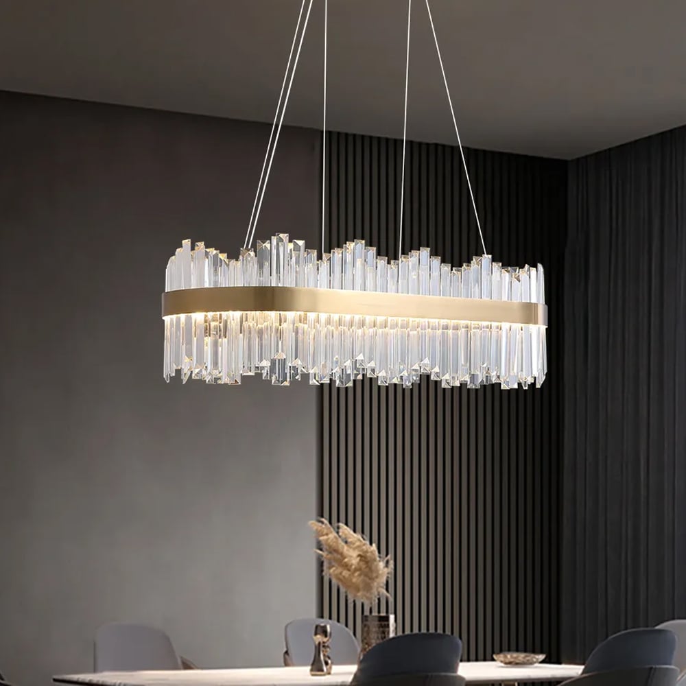 Questions et Réponses pour Crystina Ilot de cuisine en cristal à LED ovale en laiton avec tubes en forme de tube